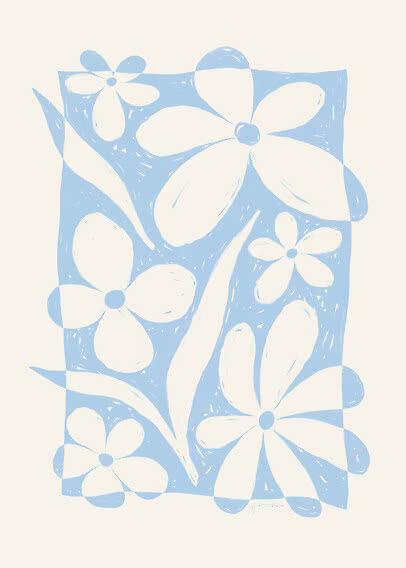 Stylized blue floral print with white flowers and leaves on a light background