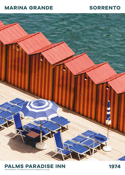 Vintage travel poster with red beach cabins, blue loungers and umbrellas by the water in Sorrento