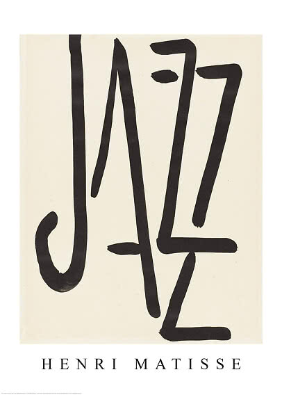 Plakat med ordet "Jazz" i store sorte penselstrøg og teksten Henri Matisse nederst