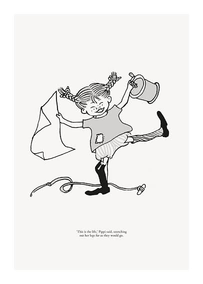 Sort-hvid tegning af Pippi, der danser med en spand og en klud.