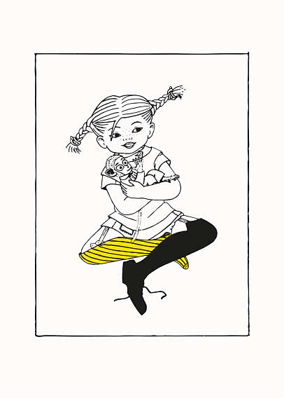 Illustration af pige med fletninger, der sidder og krammer en bamse i gulstribede strømper