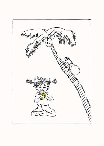 Disegno in bianco e nero di un bambino che mangia una banana sotto una palma con una scimmia