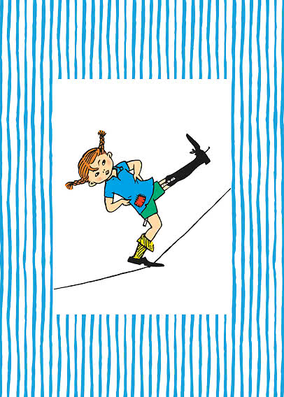 Illustrazione di Pippi Calzelunghe su sfondo bianco con bordo a righe blu