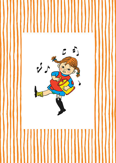 Illustrazione di una bambina con trecce che balla e suona un tamburo giallo, con note musicali