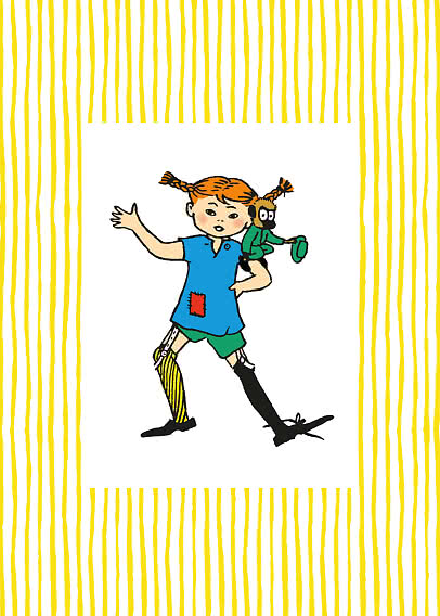 Illustration av Pippi Långstrump med Herr Nilsson på axeln mot vit bakgrund med gula ränder