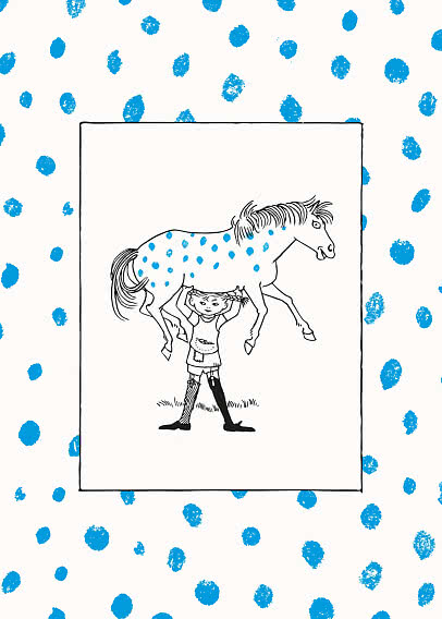 Illustration d’un enfant soulevant un cheval tacheté sur fond blanc à pois bleus