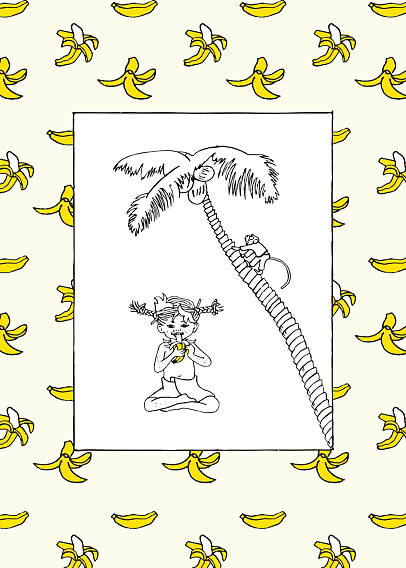 Ilustracja dziewczynki jedzącej banana pod palmą, na tle wzoru z bananami