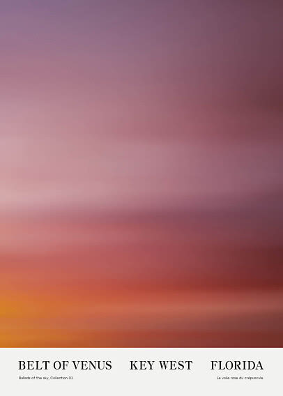 Póster con cielo de atardecer difuminado en rosa, morado y naranja, con texto Key West, Florida.