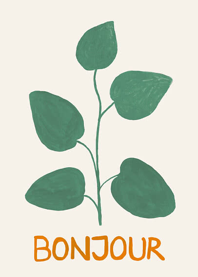 Minimalistisk planteillustration med grønne blade og teksten "BONJOUR" på lys baggrund