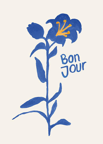 Illustration of a blue lily with yellow center and the words "Bon Jour" on a light background