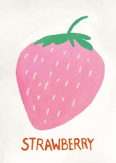 Hand-painted pink strawberry illustration with green leaves and the word "STRAWBERRY" below