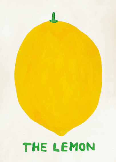 Illustration einer großen gelben Zitrone mit grünem Stiel und dem Text „THE LEMON“ auf weißem Grund