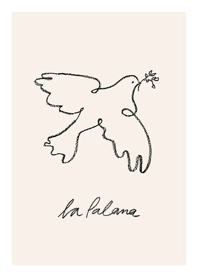 Minimalistisk stregtegning af en due med olivengren på beige baggrund med teksten "la la lame"