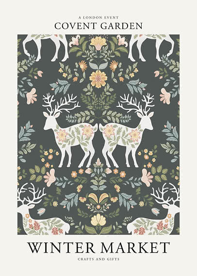 Poster Covent Garden Winter Market con cervi floreali e motivo botanico simmetrico