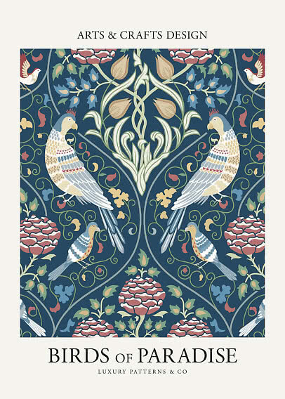Poster mit dekorativem Arts-&-Crafts-Muster aus Vögeln und Blumen auf dunkelblauem Hintergrund
