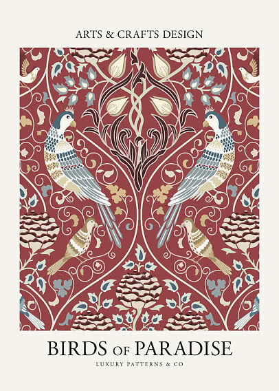Decorative poster with symmetrical bird pattern, blue and cream birds and flowers on red background
