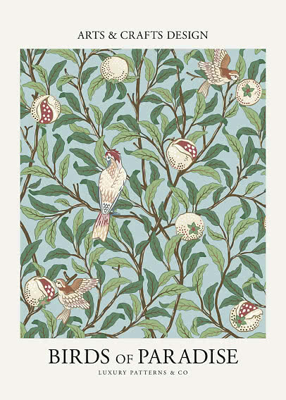 Illustrated poster with birds, leafy branches and decorative fruit on a light blue background
