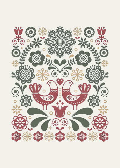 Symmetrisches Folk-Art-Motiv mit zwei roten Vögeln, Blumen und Blättern in Grün, Rot und Beige