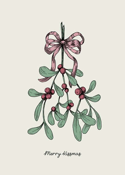 Illustrazione di vischio con fiocco rosa e scritta "Merry Kissmas"