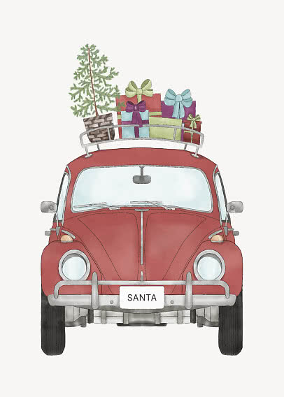 Front view of a red vintage car with Christmas gifts and a small tree on the roof rack