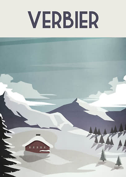 Illustreret vinterlandskab med snedækket hytte, grantræer og bjerge samt teksten VERBIER