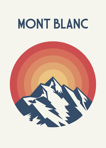 Grafisk Mont Blanc-plakat med blå bjergtoppe foran en sol i varme retrofarver