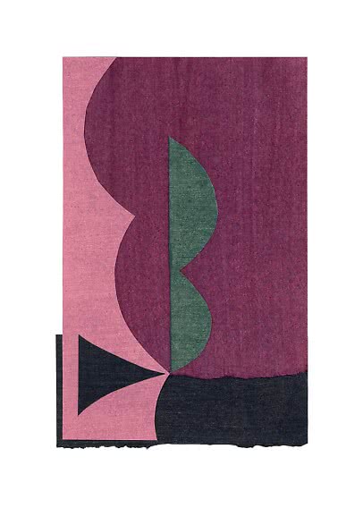 Abstrakt plakat med geometriske former i rosa, bordeaux, grøn og sort