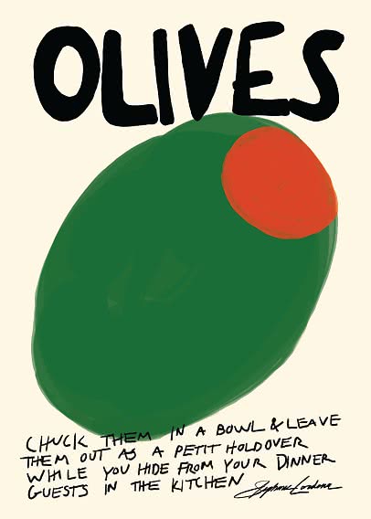 Plakat med stor grøn oliven, rød pimento og teksten “OLIVES” i sort håndskrift