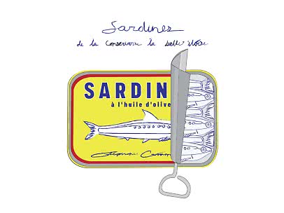 Illustration af åben gul sardindåse med optrækslåg og tegnede sardiner indeni