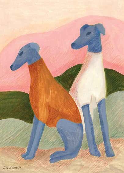 Illustration von zwei schlanken Windhunden, einer braun und einer weiß, vor rosa Hügeln