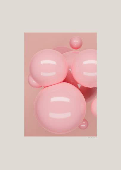 Poster astratto con sfere rosa chiaro lucide su sfondo rosa