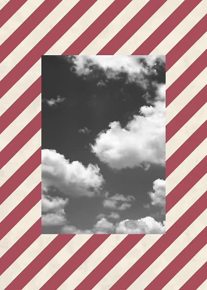 Black-and-white cloud photo on a red and cream diagonal striped background