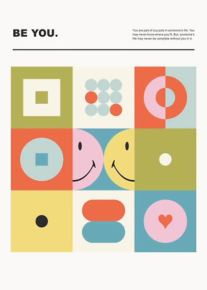 Grafisk plakat med teksten "BE YOU" og farverige geometriske former, smileyer og hjerte.