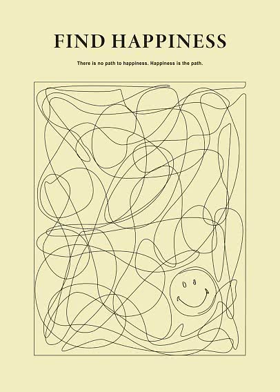 Plakat med teksten "Find Happiness", snoede linjer i en firkant og et smiley-ansigt nederst til højre.