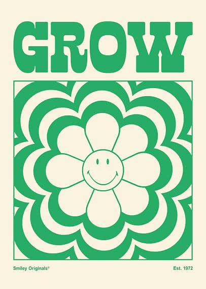 Grafica rétro verde con la scritta GROW e un fiore sorridente su sfondo color crema