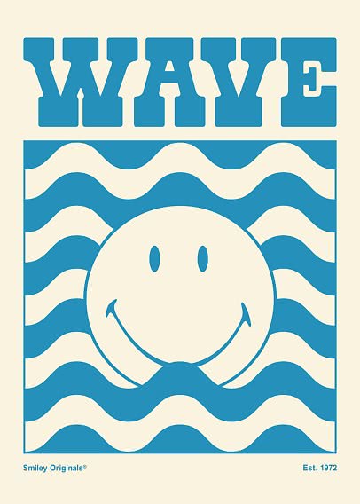 Blå grafisk poster med texten WAVE, vågmönster och stor smiley