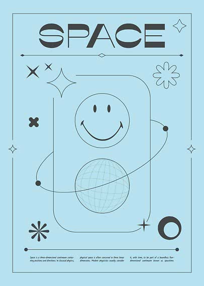 Hellblaues Poster mit dem Wort SPACE, Smiley, Kugel und dekorativen Sternen und Linien.
