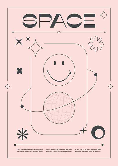 Poster rosa con scritta SPACE, faccina sorridente, sfera e forme a stella in stile rétro