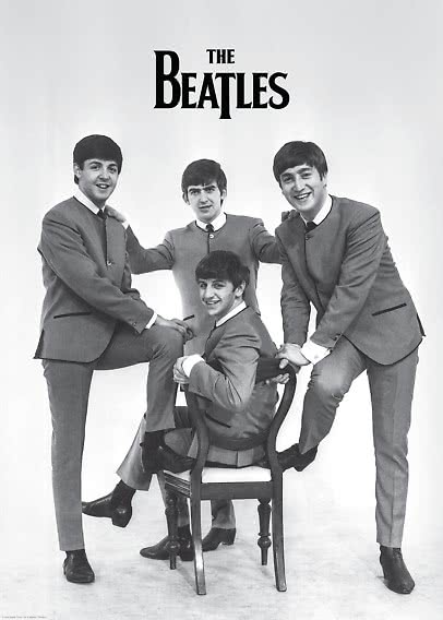 Black-and-white poster of The Beatles in suits, three standing and one seated on a chair
