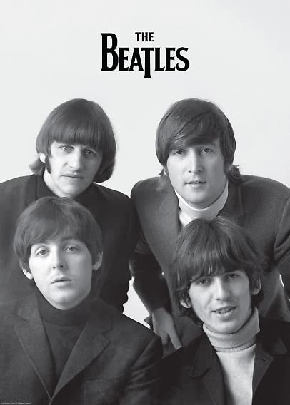 Black-and-white portrait of The Beatles with band logo at the top