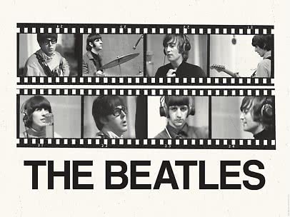 Affiche noir et blanc des Beatles avec photos en pellicule des membres en studio d’enregistrement