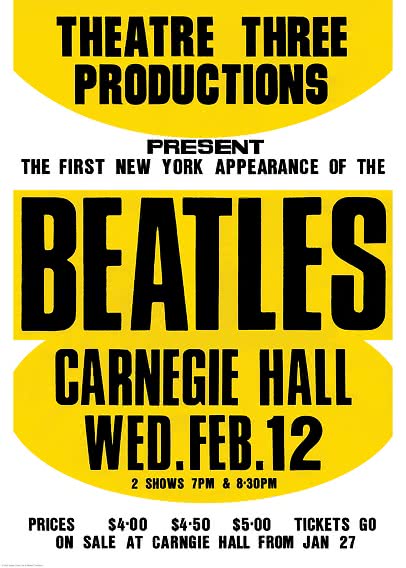 Poster giallo dei Beatles alla Carnegie Hall mercoledì 12 febbraio, con grandi scritte nere.