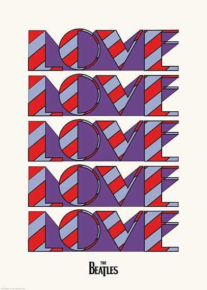 Poster mit dem Wort LOVE fünfmal in roten, violetten und hellblauen geometrischen Buchstaben, The Beatles unten