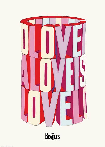Affisch med ordet LOVE i stora 3D-bokstäver i rosa, rött och vitt, med The Beatles-logga längst ner