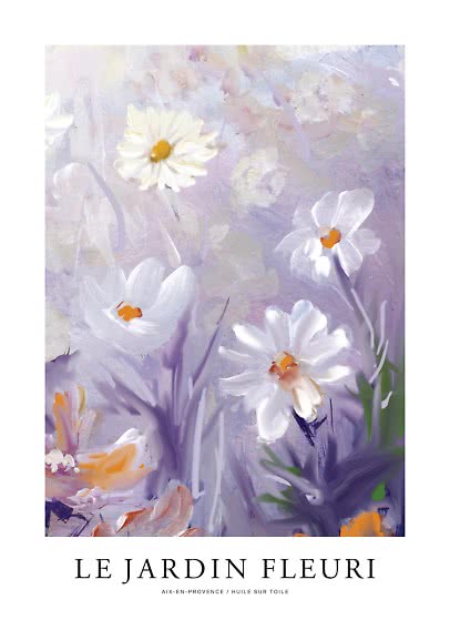Poster med målad blomsterträdgård i ljusa lila toner och vita blommor med orange mitt