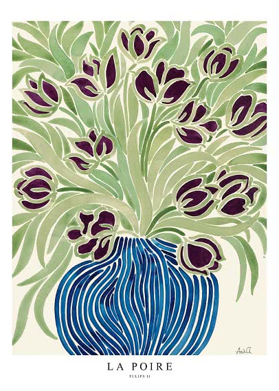 Stilisierter Druck mit violetten Tulpen und grünen Blättern in blauer Vase