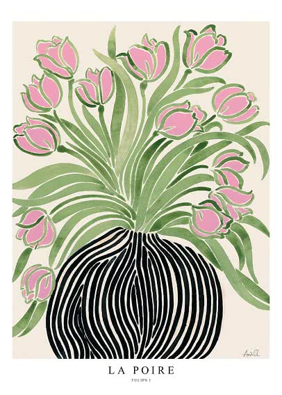Illustration af lyserøde tulipaner med grønne blade i sortstribet vase på lys baggrund
