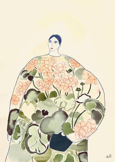 Modeillustration af kvinde i voluminøs kjole med blomster og grønne blade på lys baggrund