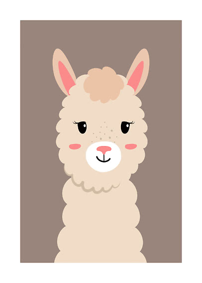 Sød illustration af en beige alpaka med lyserøde kinder på brun baggrund