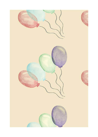 Mustertapete mit Aquarellballons in Rosa, Blau, Grün und Lila auf hellbeigem Hintergrund